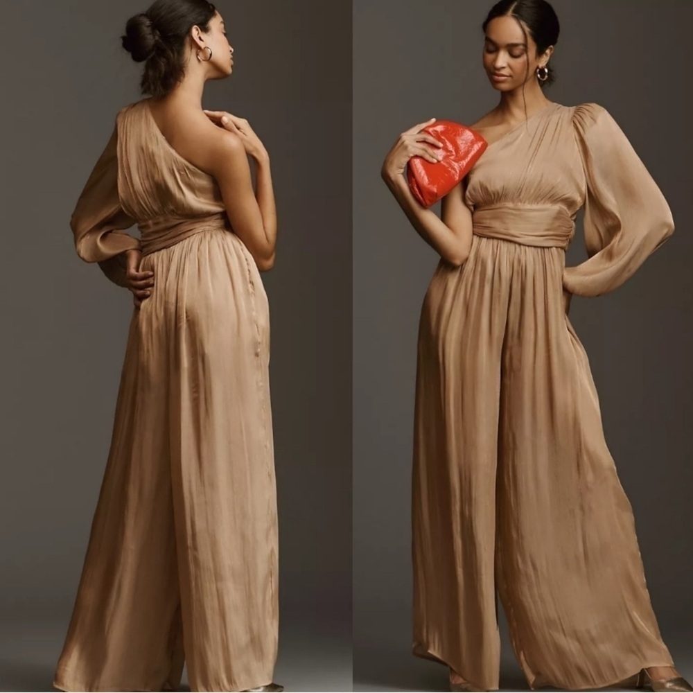 NWT Anthropologie One Shoulder Metallic Jumpsuit in Gold Sz 00